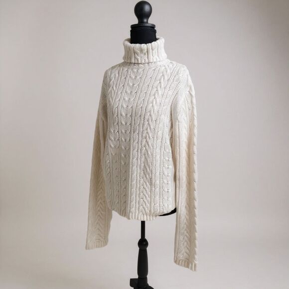 Amanda Smith Cable Knit Sweater Turtle neck L Cream Classic Fall Winter Pullover - Picture 2 of 7